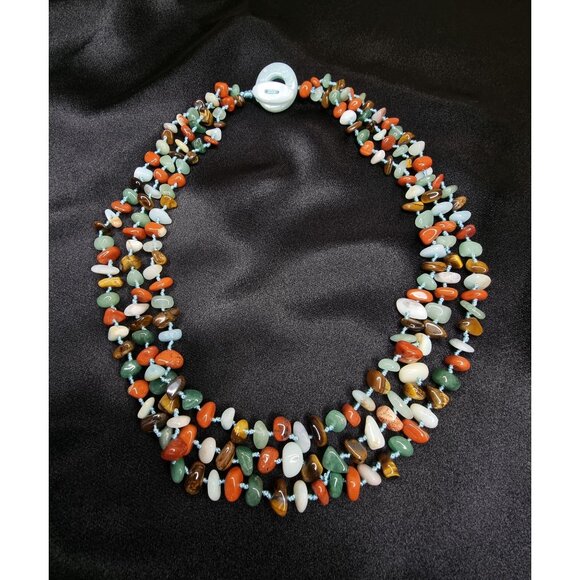 Natural Stones Multicolor Beaded Necklace With Jade Button Clasp - Picture 4 of 5